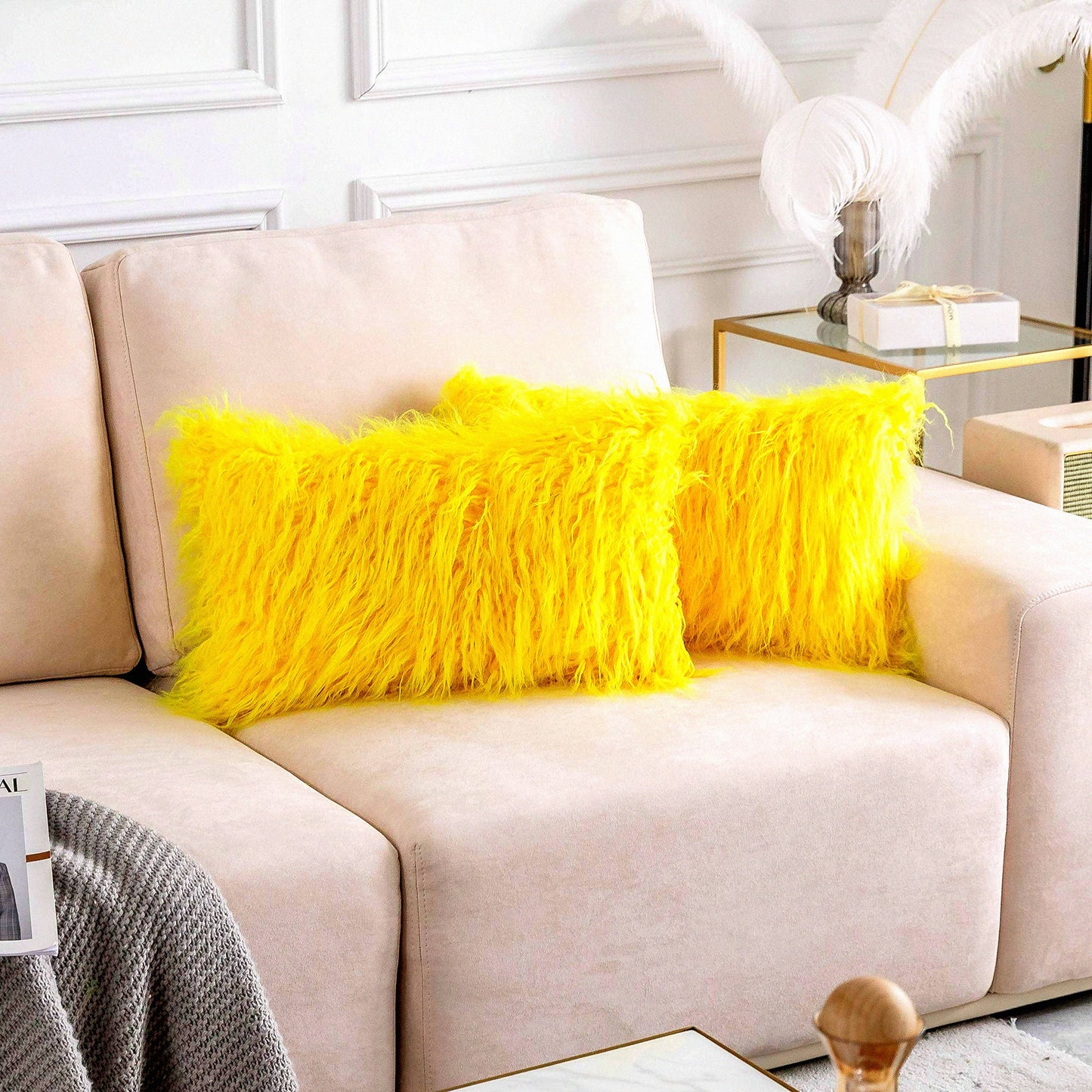 FuzzySpring Decorative Oblong Pillow Covers - Set of 2 Yellow Throw Pillow Cover for Couch Sofa Bed - 12x20inches, 30 x 50cm