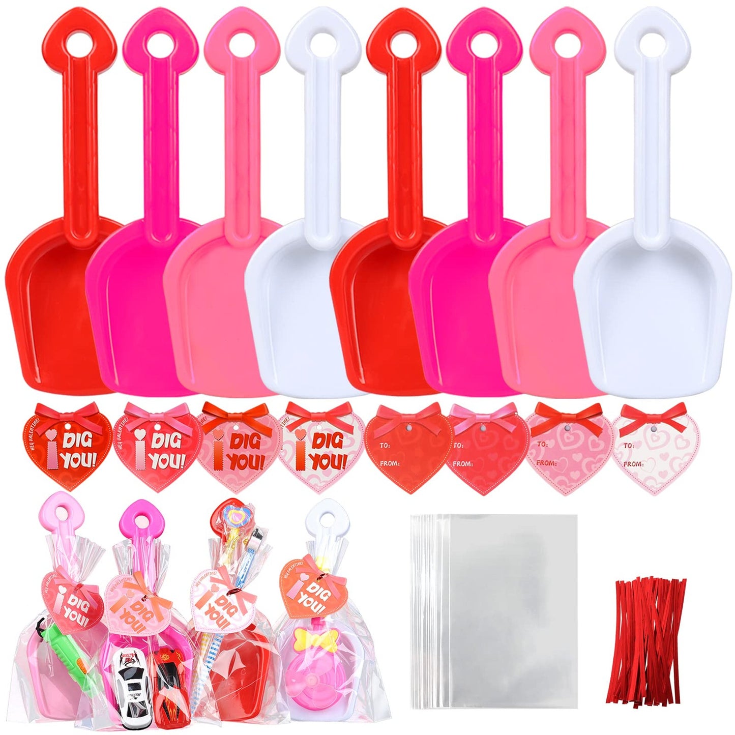 Love Diggers Party Pack - 28PCS Plastic Shovels with Candy Bags. Perfect for Valentines gifts, party favors, classroom prizes, and toy exchanges!