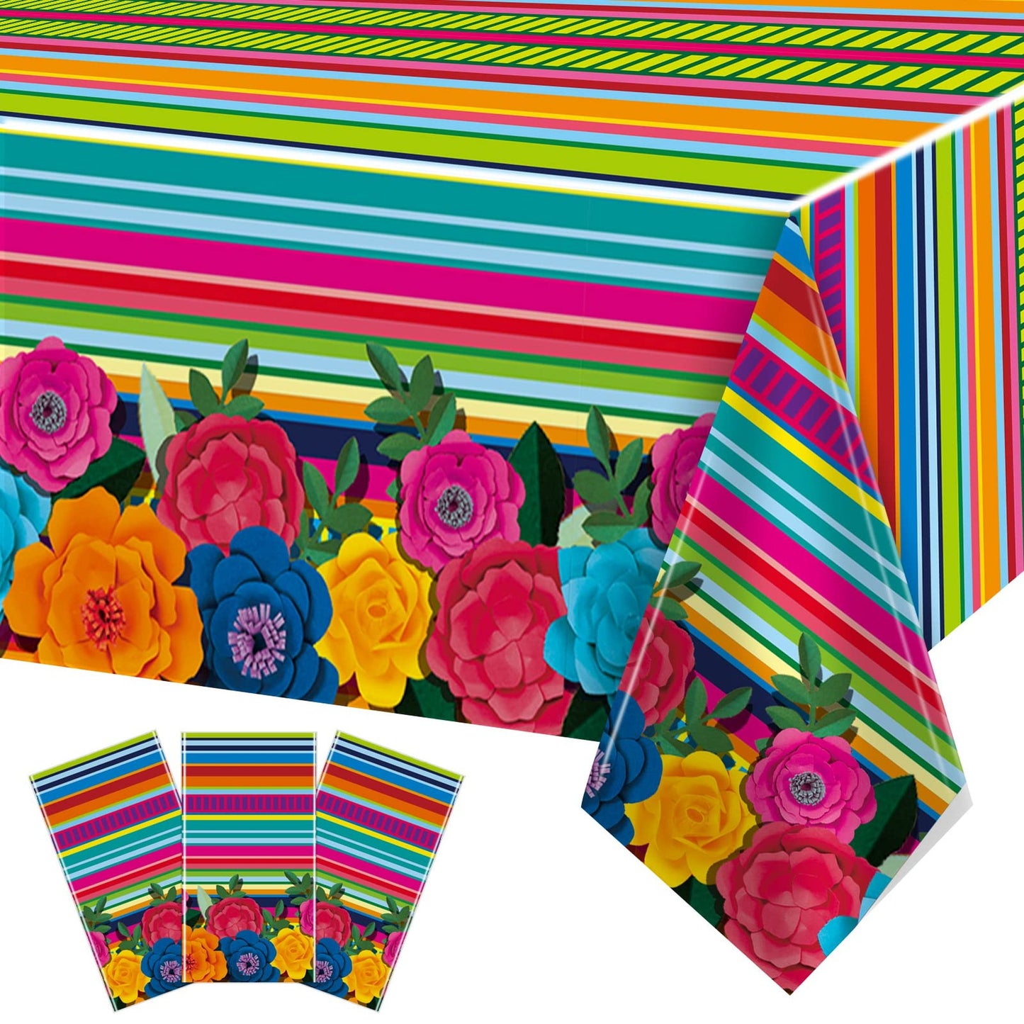 Mexican Fiesta Tablecloth Set - Cinco De Mayo Party Supplies with Floral Stripes Design for Birthdays, Weddings, Baby Showers & More!