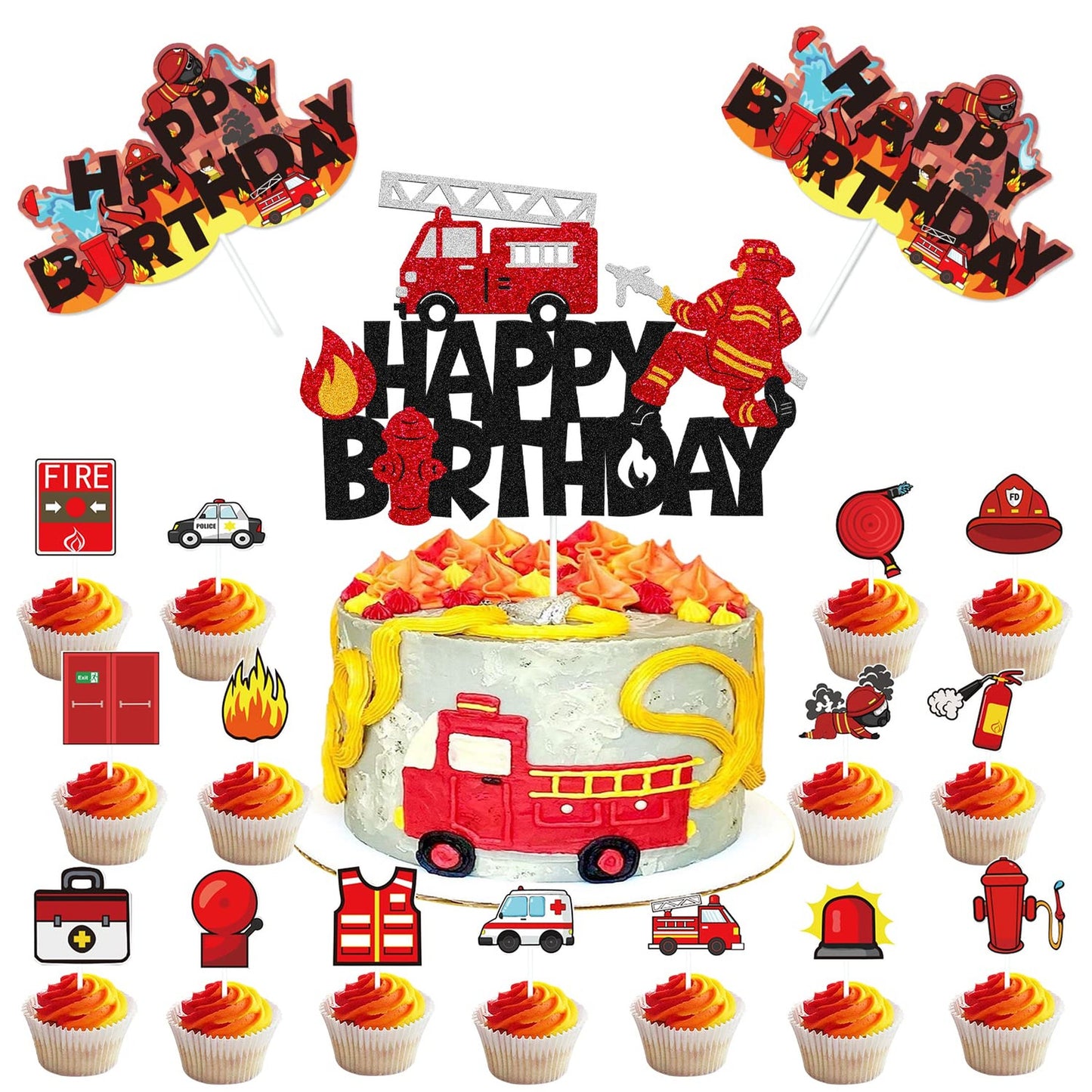Cupcake Topper Truck Fighter Helmet Themed Birthday Decorations - 33Pcs Party Supplies for Kids Boy Girl Celebration