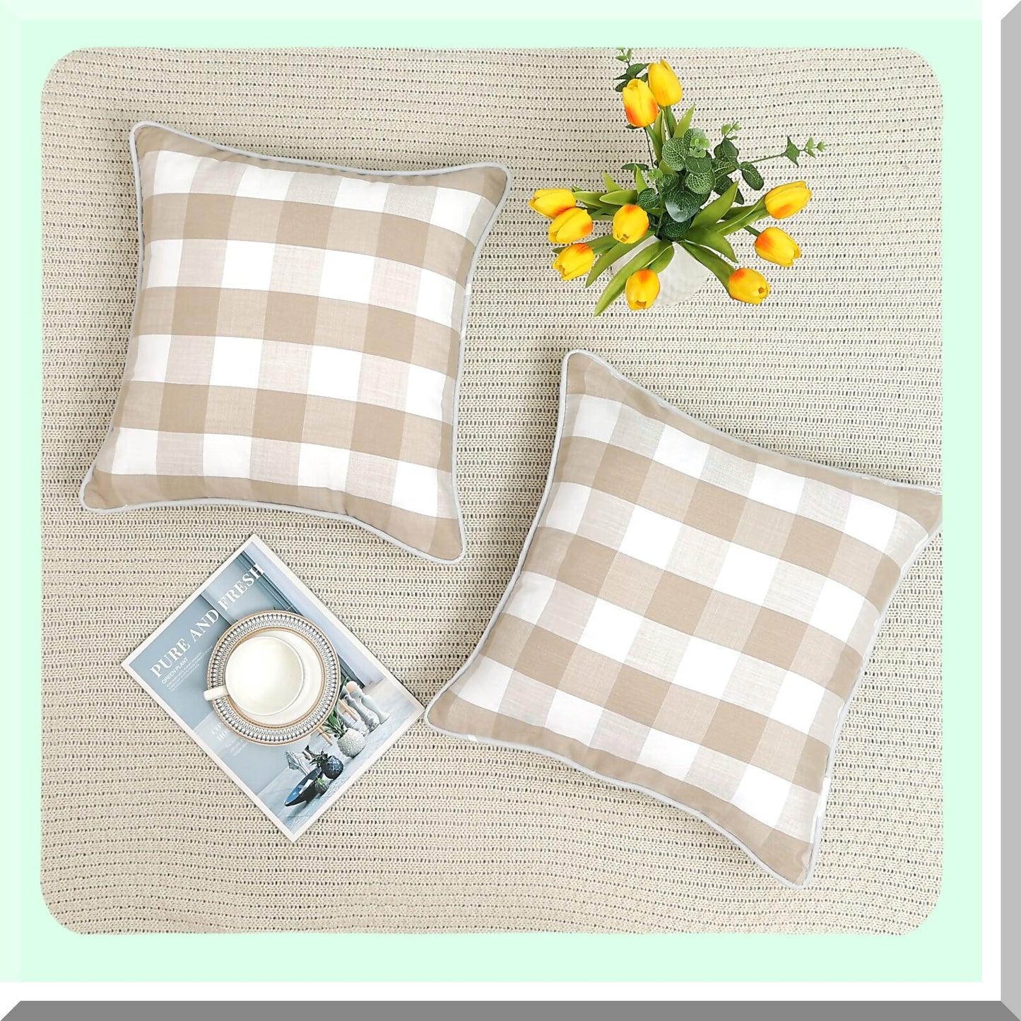 Rustic Farmhouse Buffalo Plaid Check Pillow Cover Set - Linen Texture Square Cushion Case for Home Decor, Car, Bed, Sofa - White 18x18 inches