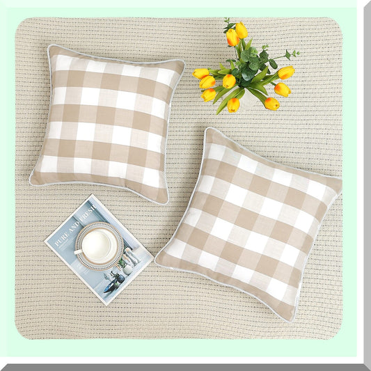 Rustic Farmhouse Buffalo Plaid Check Pillow Cover Set - Linen Texture Square Cushion Case for Home Decor, Car, Bed, Sofa - White 18x18 inches