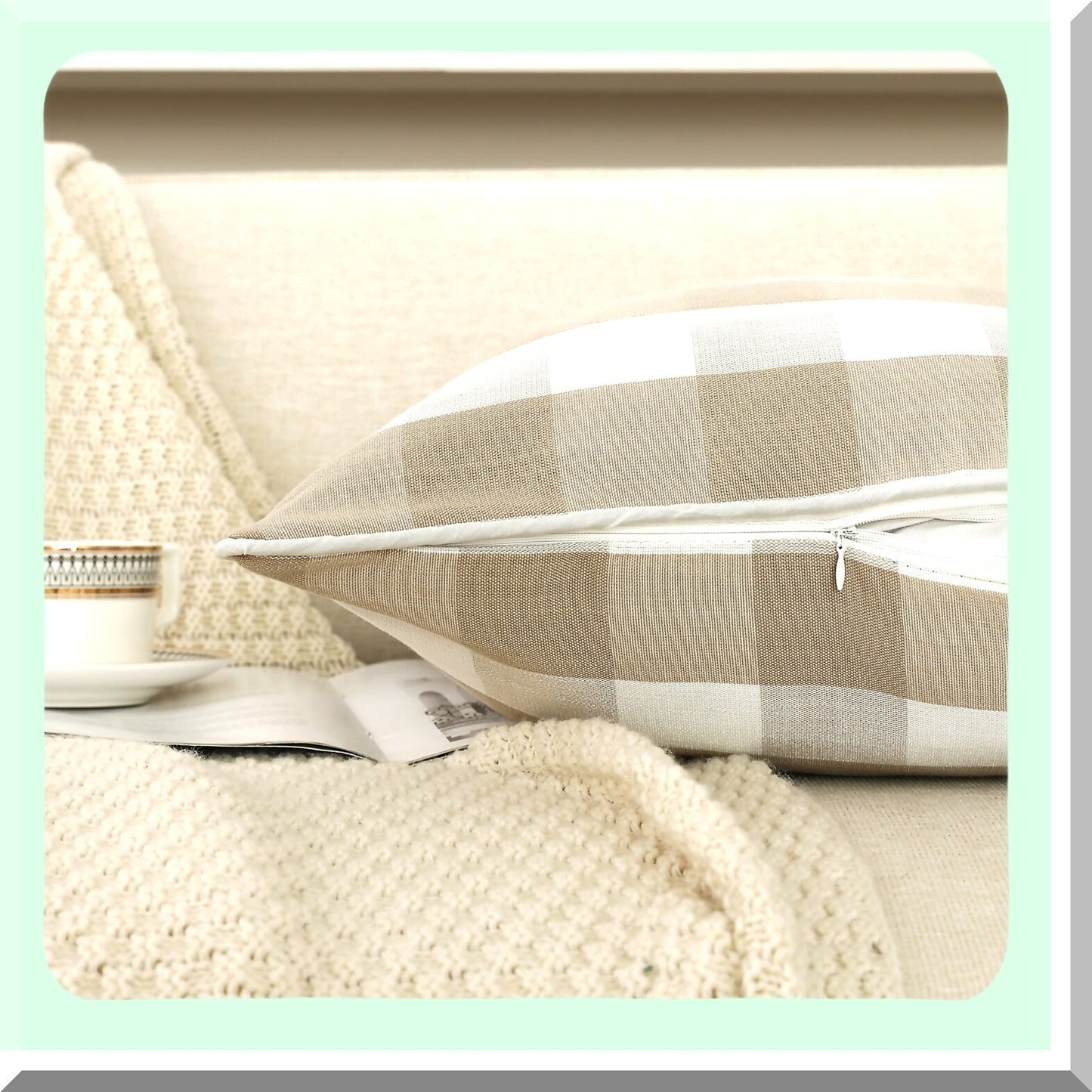 Rustic Farmhouse Buffalo Plaid Check Pillow Cover Set - Linen Texture Square Cushion Case for Home Decor, Car, Bed, Sofa - White 18x18 inches