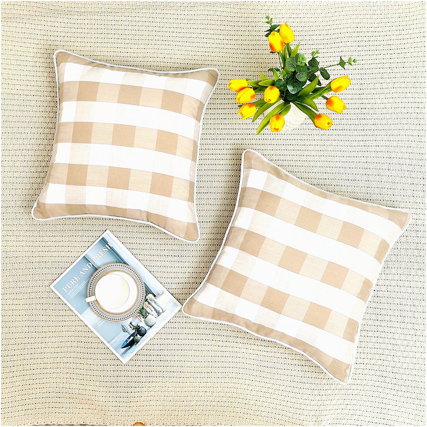 Rustic Farmhouse Buffalo Plaid Check Pillow Cover Set - Linen Texture Square Cushion Case for Home Decor, Car, Bed, Sofa - White 18x18 inches