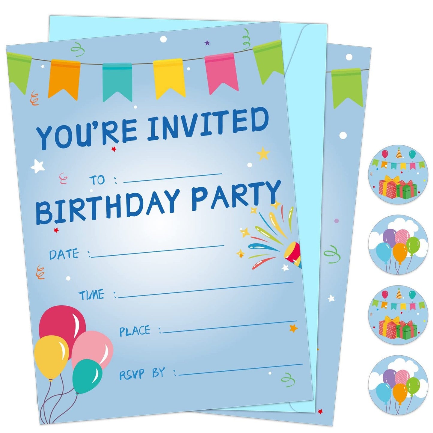Celebrate Pack: Birthday Party Invitations Set - Boys Girls Kids Invite Cards with Envelopes, Sticker Labels & Decorations for Surprise Party, Baby Shower, Retirement.