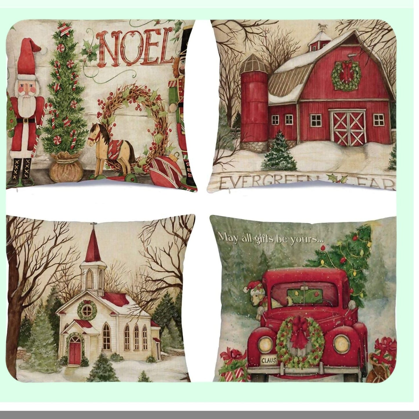 Festive Holiday Pillow Covers - Set of 4 Xmas Series 20x20 Inch Cushion Pillowcases with Custom Zipper - Decorative Square Pillow Cover