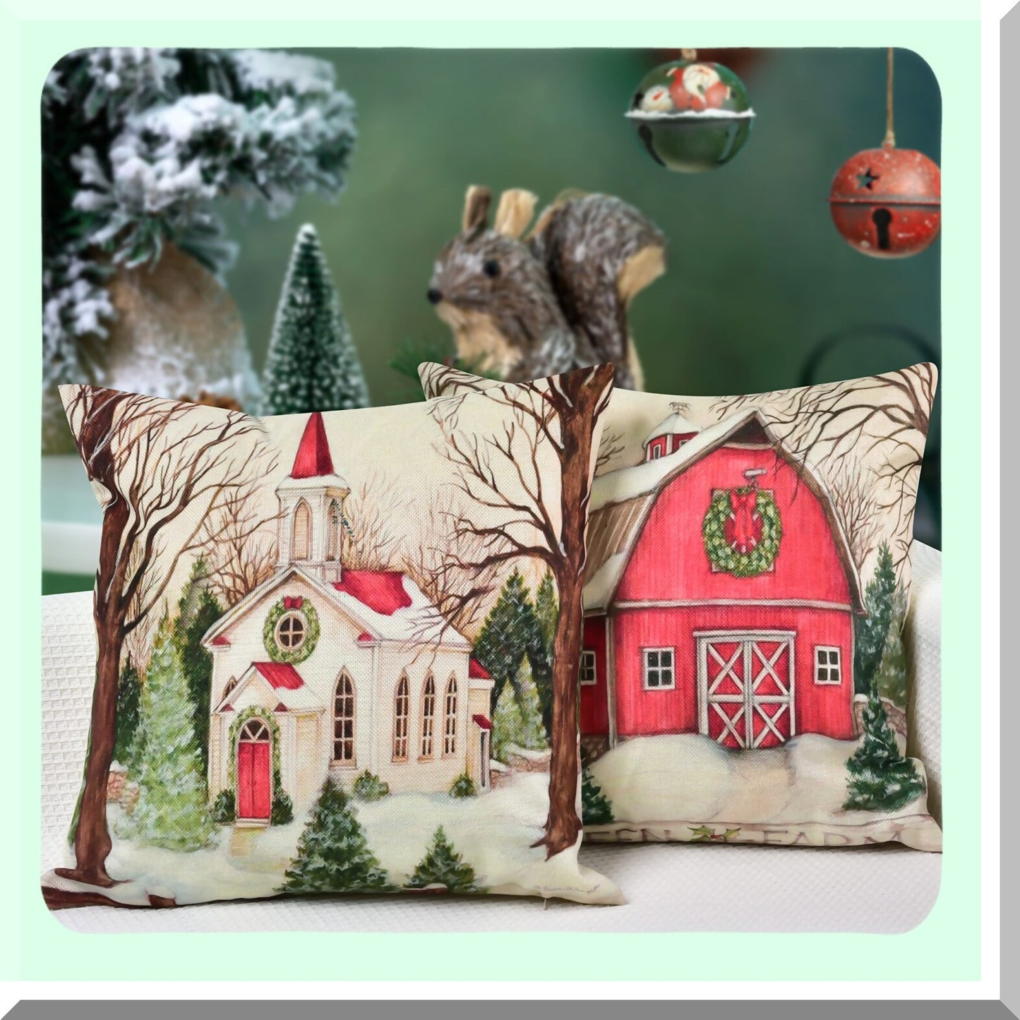 Festive Holiday Pillow Covers - Set of 4 Xmas Series 20x20 Inch Cushion Pillowcases with Custom Zipper - Decorative Square Pillow Cover