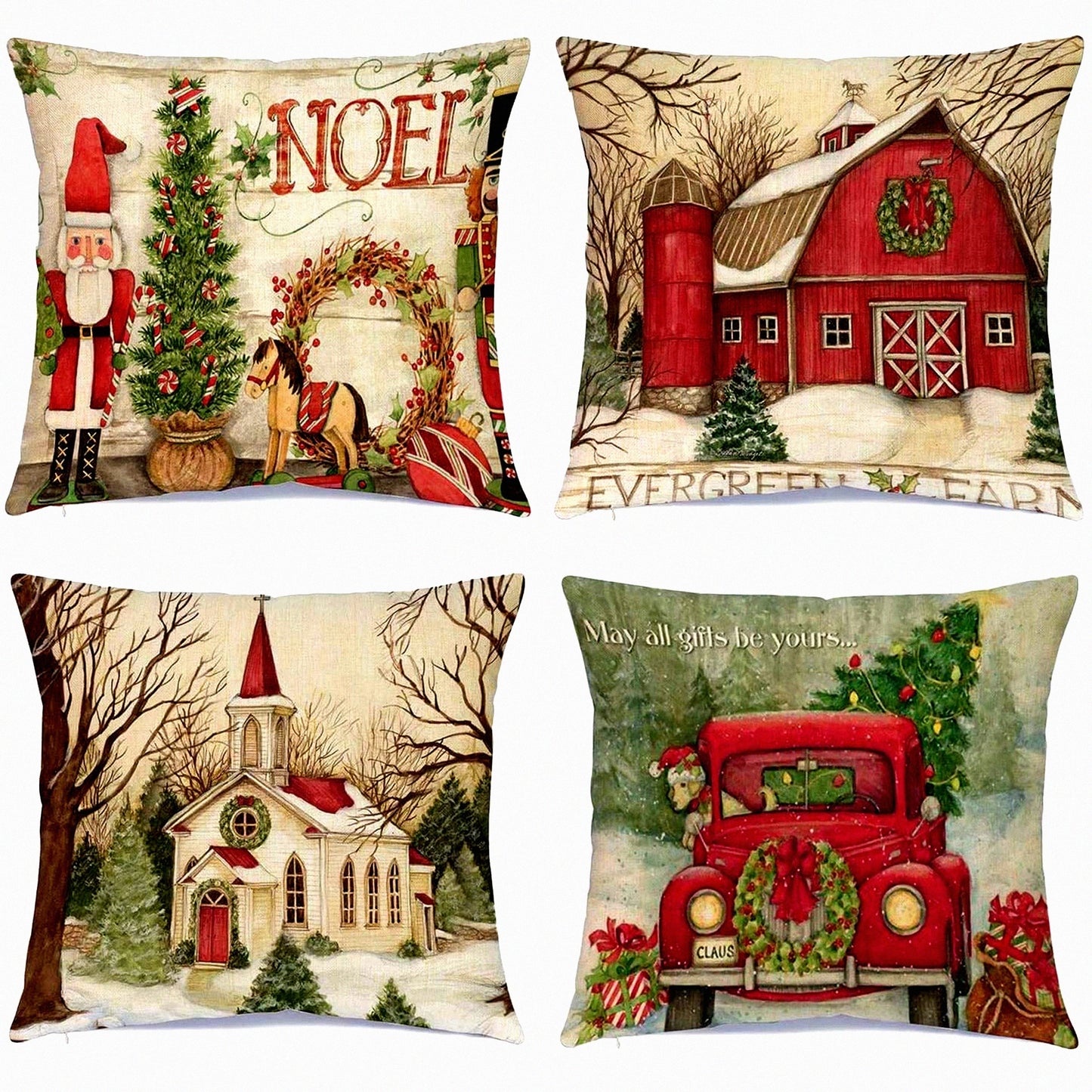 Festive Holiday Pillow Covers - Set of 4 Xmas Series 20x20 Inch Cushion Pillowcases with Custom Zipper - Decorative Square Pillow Cover