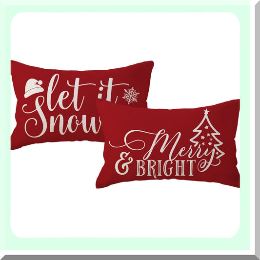 Snowy Farmhouse Lumbar Pillow Covers - Set of 2 Merry and Bright Throw Cushion Cases for Couch/Sofa/Porch Decor - Let It Snow Tree/Snowflake Design - 12x20 Red Decorations