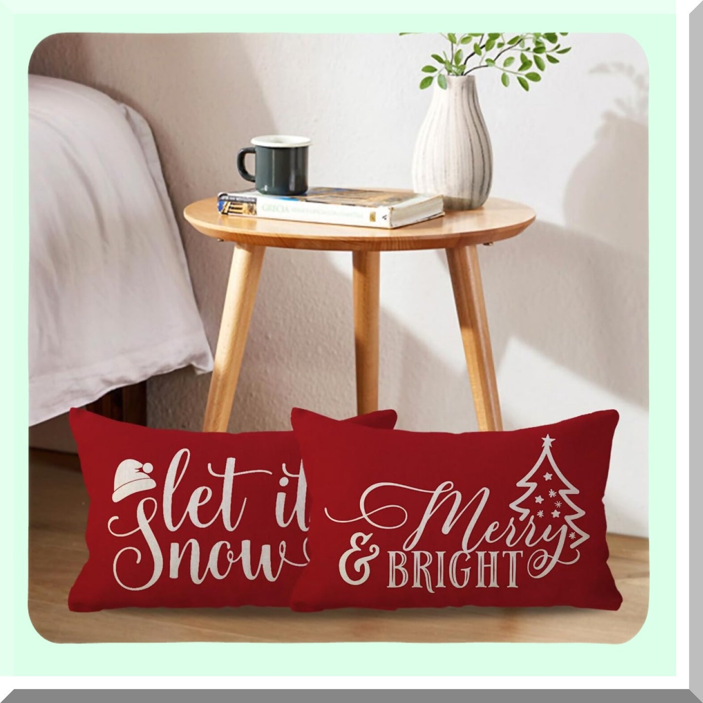 Snowy Farmhouse Lumbar Pillow Covers - Set of 2 Merry and Bright Throw Cushion Cases for Couch/Sofa/Porch Decor - Let It Snow Tree/Snowflake Design - 12x20 Red Decorations