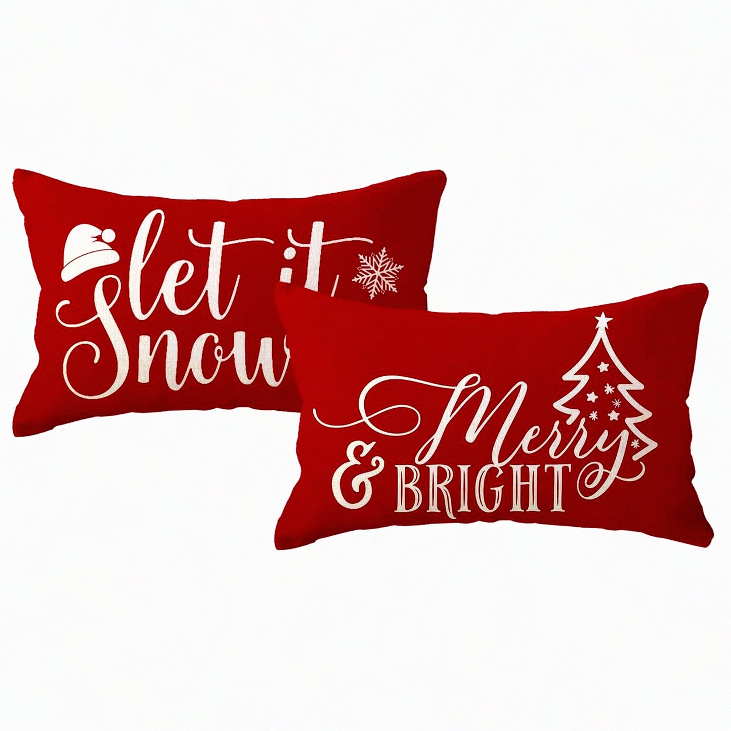 Snowy Farmhouse Lumbar Pillow Covers - Set of 2 Merry and Bright Throw Cushion Cases for Couch/Sofa/Porch Decor - Let It Snow Tree/Snowflake Design - 12x20 Red Decorations