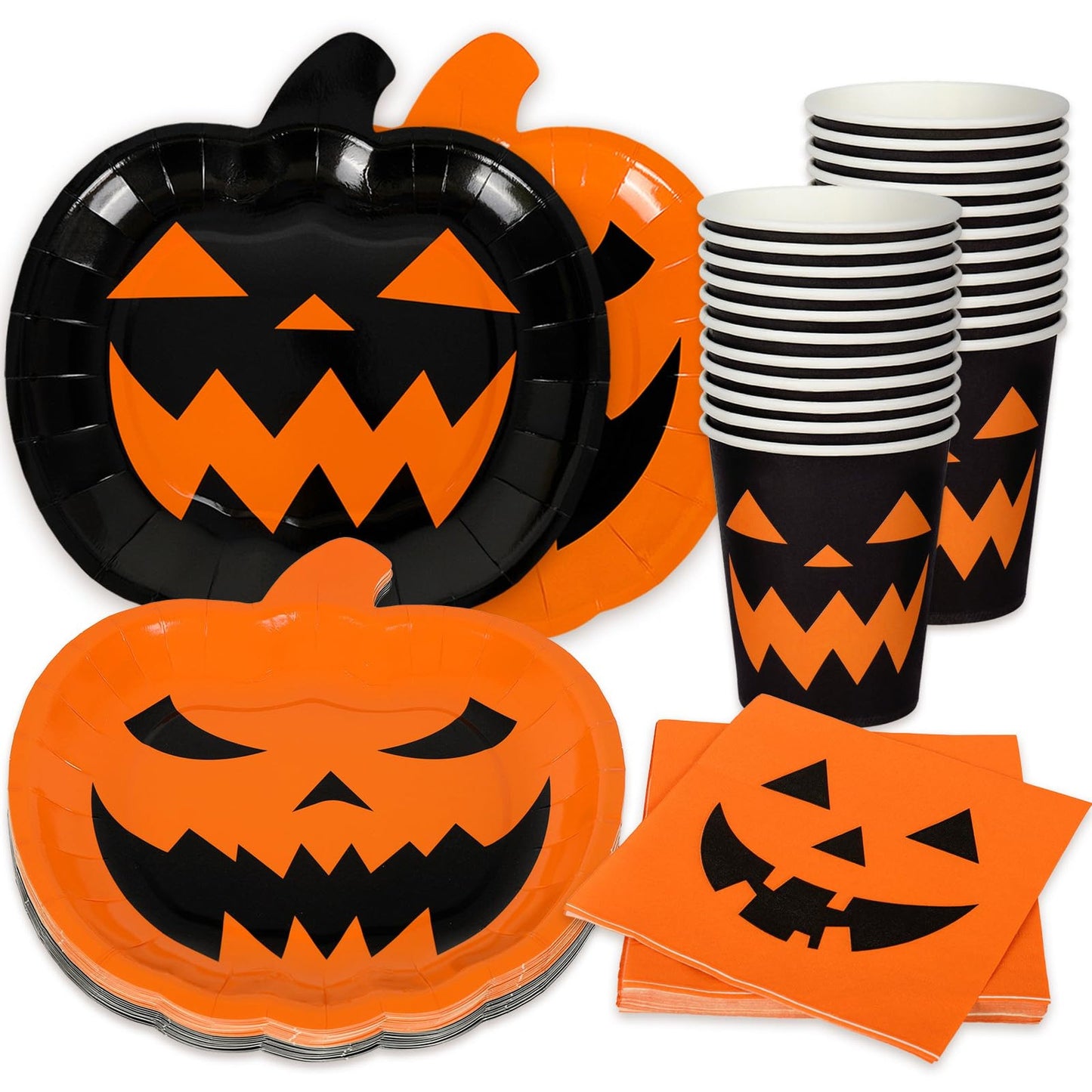 Spooky Pumpkin Party Pack - 72 Piece Orange & Black Disposable Dinnerware Set for 24 Guests - Halloween Themed Paper Plates, Cups, Napkins & Tableware