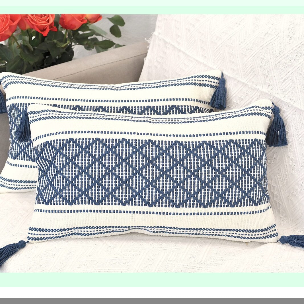 Boho Navy Blue Lumbar Pillow Set - 12x20 Inch Rectangle Cushion Covers for Couch Sofa/Farmhouse Decor - Woven Accent Chair Pillow Cases (Set of 2)