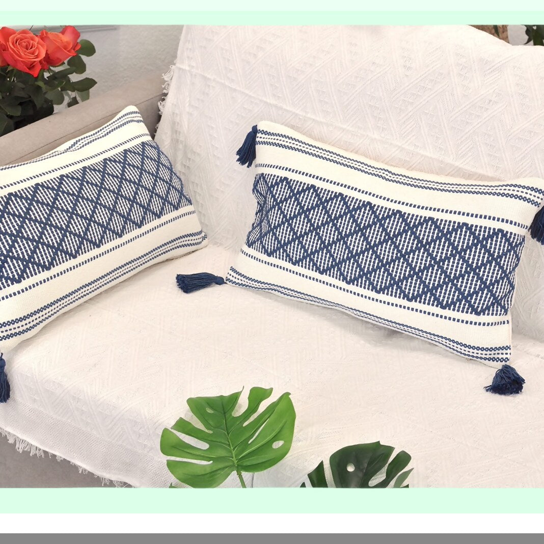 Boho Navy Blue Lumbar Pillow Set - 12x20 Inch Rectangle Cushion Covers for Couch Sofa/Farmhouse Decor - Woven Accent Chair Pillow Cases (Set of 2)