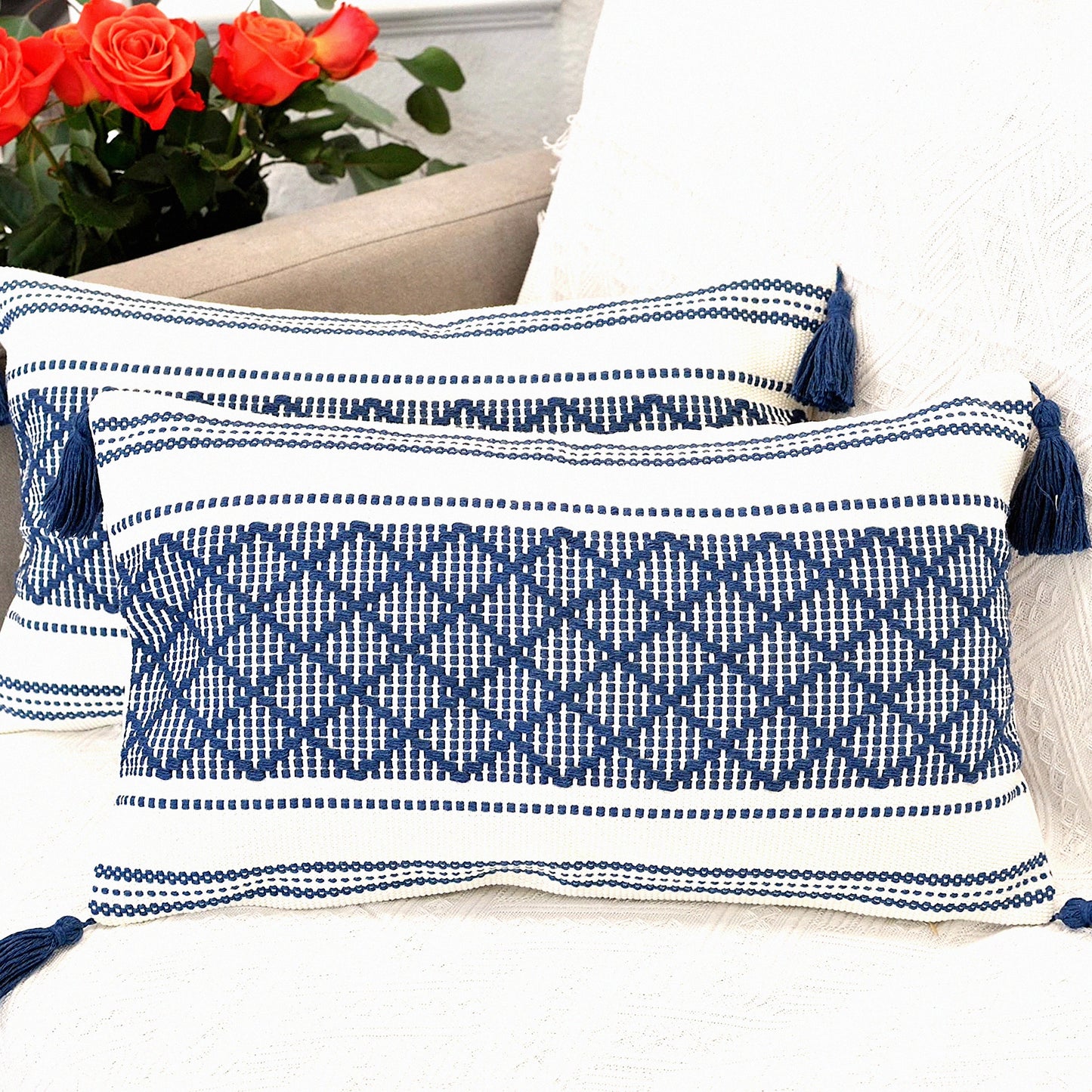 Boho Navy Blue Lumbar Pillow Set - 12x20 Inch Rectangle Cushion Covers for Couch Sofa/Farmhouse Decor - Woven Accent Chair Pillow Cases (Set of 2)