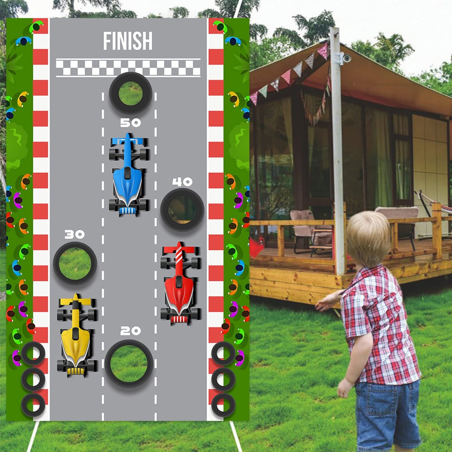 RaceCar F1 Toss Games Banner Backdrop - Checkered Flag Sports Theme Decor Set for Racing Enthusiasts - Perfect for Birthday Parties & Baby Showers