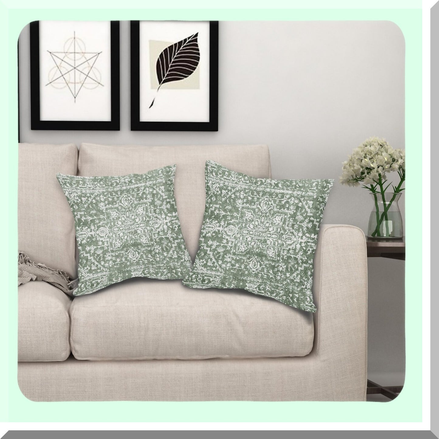 Boho Sage Green Ethnic Pillow Covers - Vintage Persian Rug Farmhouse Throw Pillows Set of 2 - Geographic Bohemian Carpet Home Decor for Room Patio