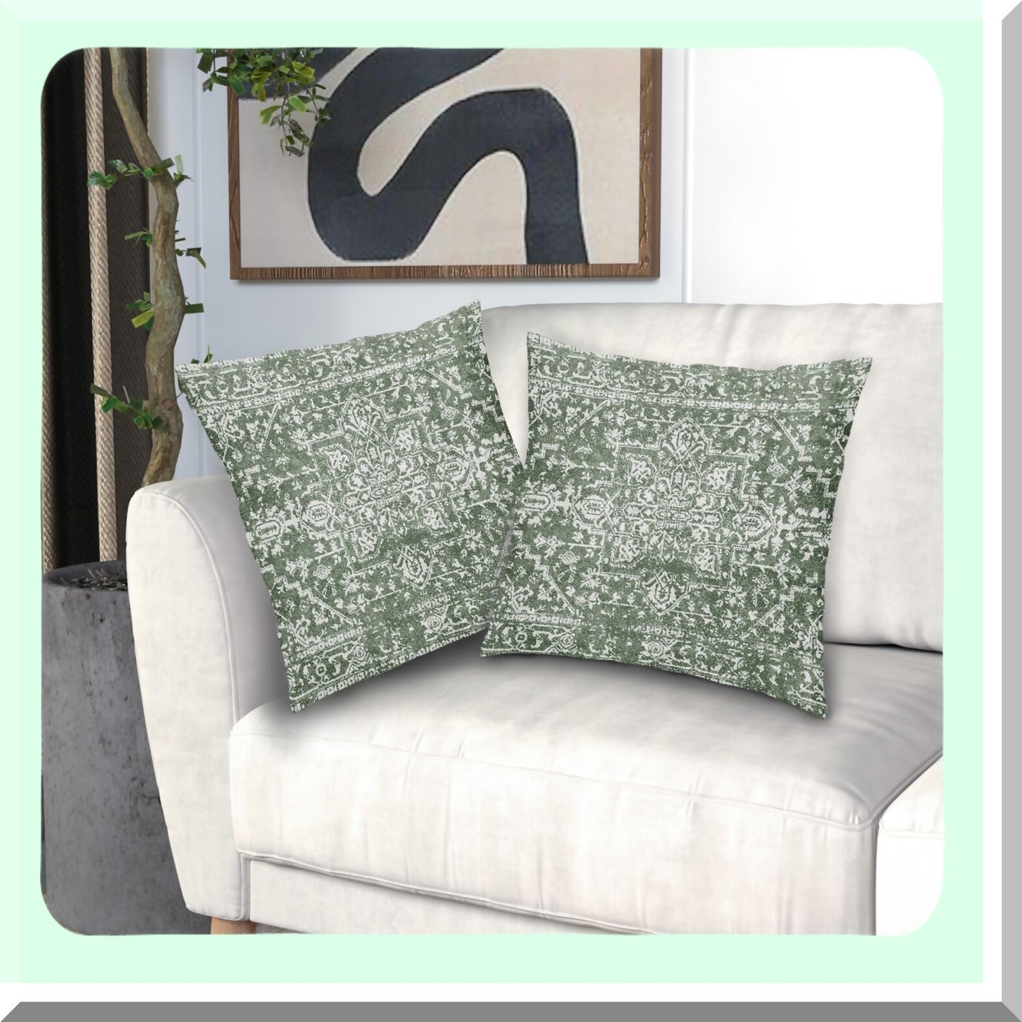 Boho Sage Green Ethnic Pillow Covers - Vintage Persian Rug Farmhouse Throw Pillows Set of 2 - Geographic Bohemian Carpet Home Decor for Room Patio