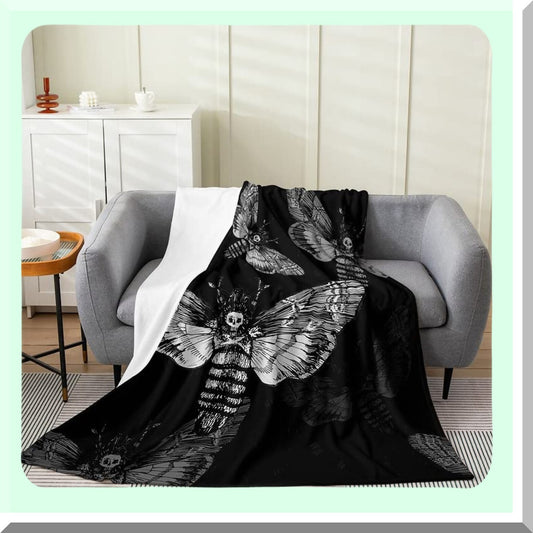 Gothic Moth Fleece Throw Blanket - Cozy All-Season Bed & Sofa Decor, Dark Boho Skeleton Design, Plush 50"x60"