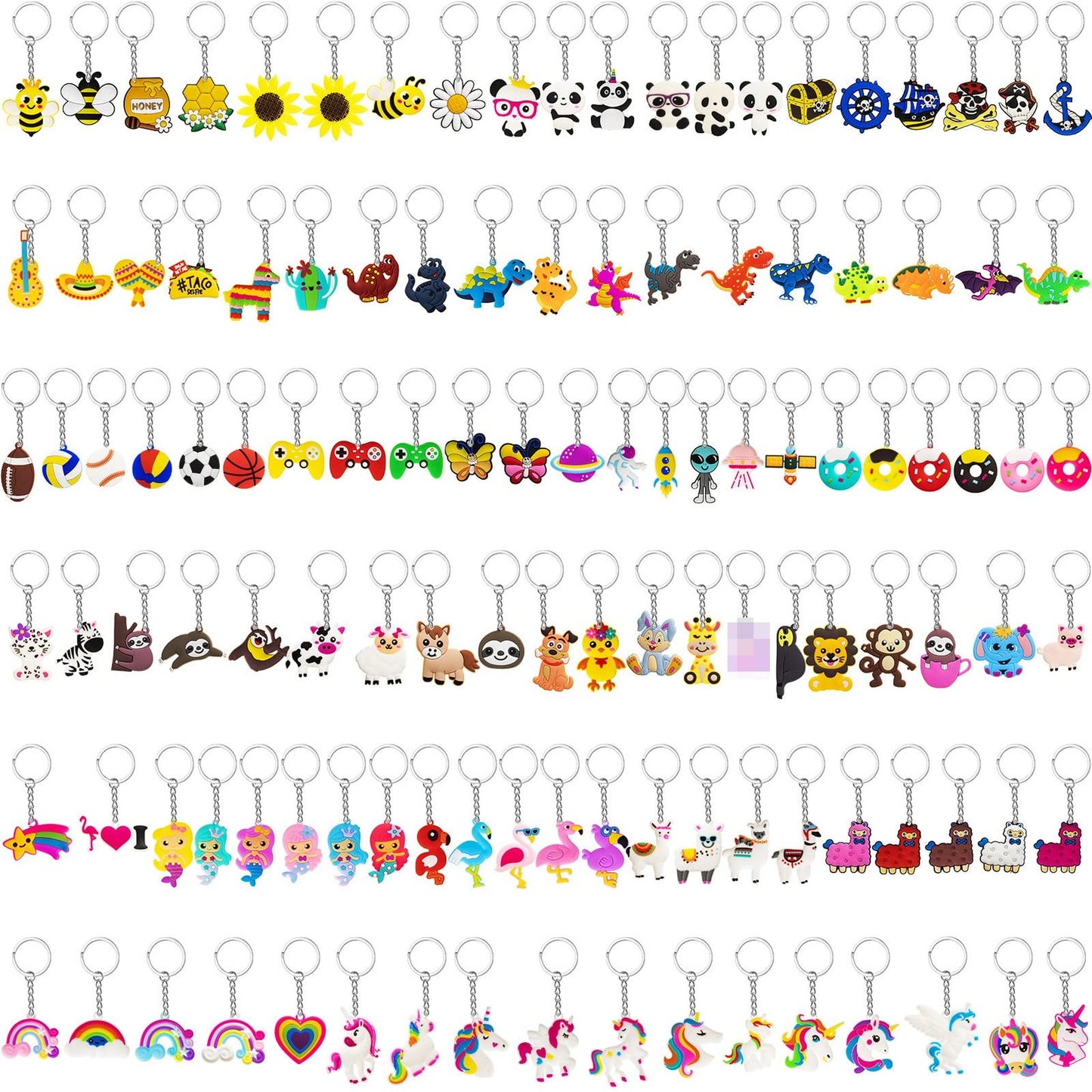 DinoUniAstroRain Keychains - Bulk pack of 120 cute keychains, perfect for party favors and birthday gifts for kids and adults. Featuring dinosaurs, unicorns, astronauts, and rainbows.