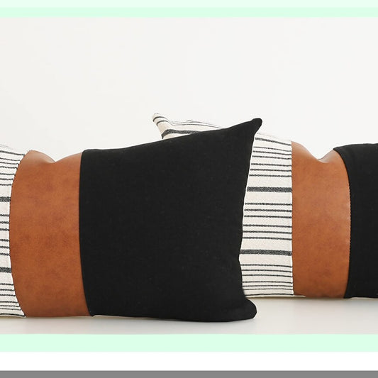 Farmhouse Stripes Textured Lumbar Pillow Covers - Set of 2, Cotton Tan Leather Decorative Case for Sofa Couch Chair Bedroom, 12 x 20 Inch