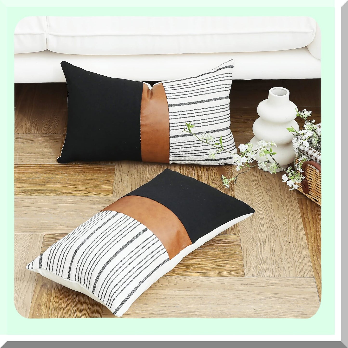 Farmhouse Stripes Textured Lumbar Pillow Covers - Set of 2, Cotton Tan Leather Decorative Case for Sofa Couch Chair Bedroom, 12 x 20 Inch