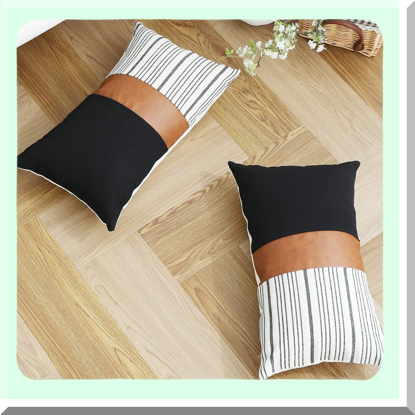 Farmhouse Stripes Textured Lumbar Pillow Covers - Set of 2, Cotton Tan Leather Decorative Case for Sofa Couch Chair Bedroom, 12 x 20 Inch