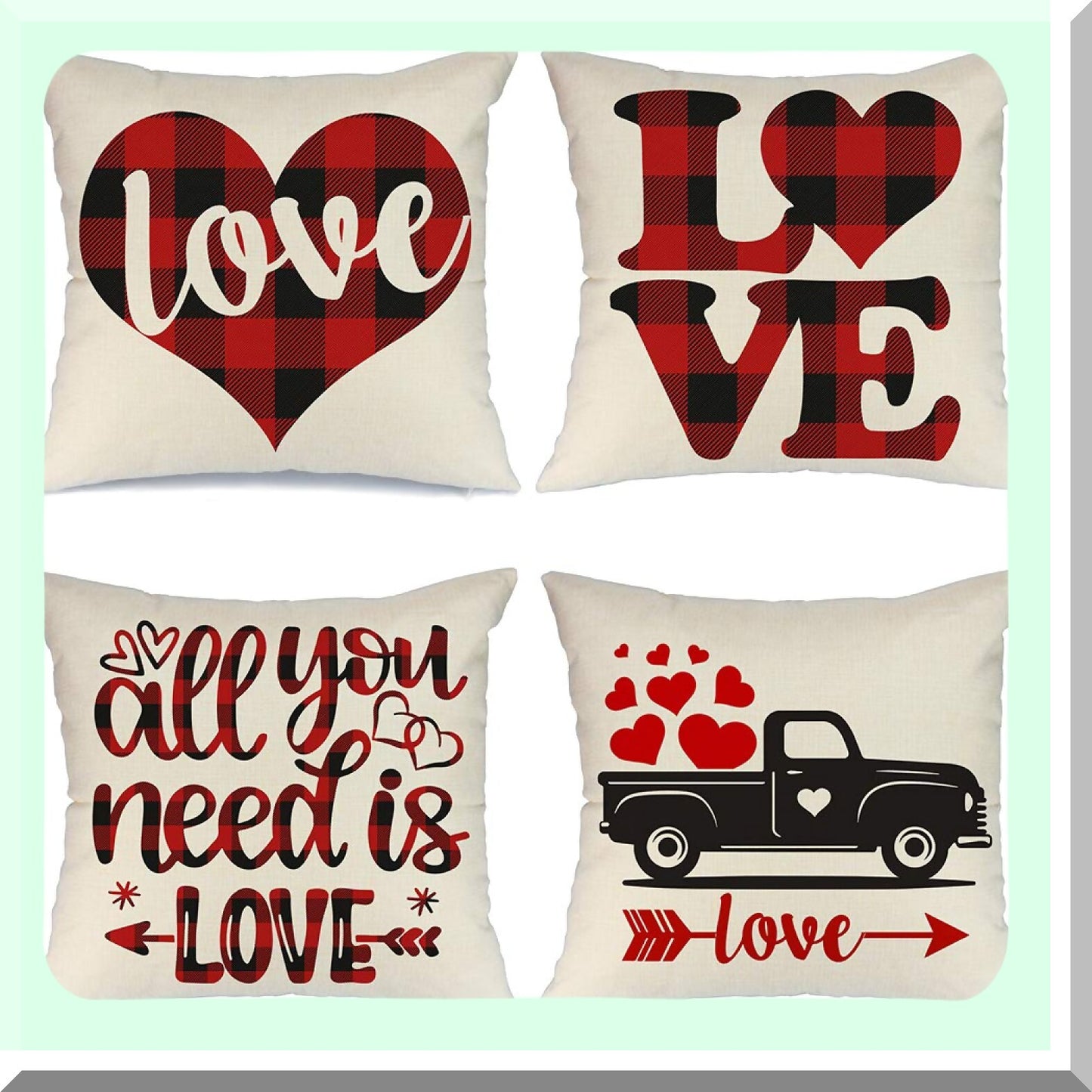 Love Plaid Heart Pillow Set - 20x20 Decorative Throw Pillows for Farmhouse Valentine's Day Decor - Set of 4 Home Decorations