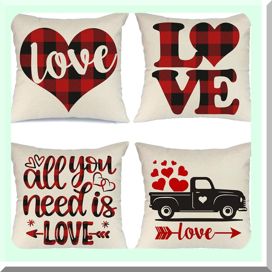 Love Plaid Heart Pillow Set - 20x20 Decorative Throw Pillows for Farmhouse Valentine's Day Decor - Set of 4 Home Decorations