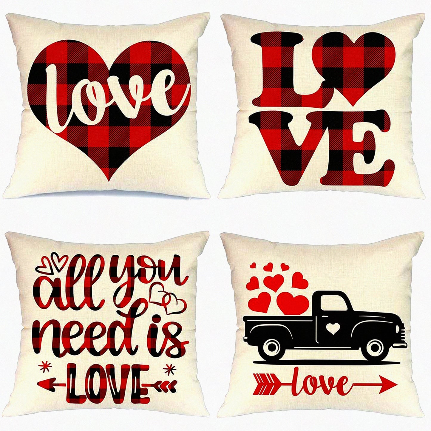 Love Plaid Heart Pillow Set - 20x20 Decorative Throw Pillows for Farmhouse Valentine's Day Decor - Set of 4 Home Decorations