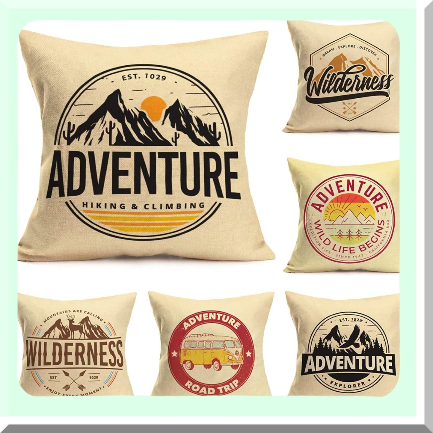 Wilderness Adventure Mountain Pillow Covers - Set of 6 Vintage Forest Camping Decorative Cushion Cases - Outdoor Cotton Linen Square 18x18 Inch
