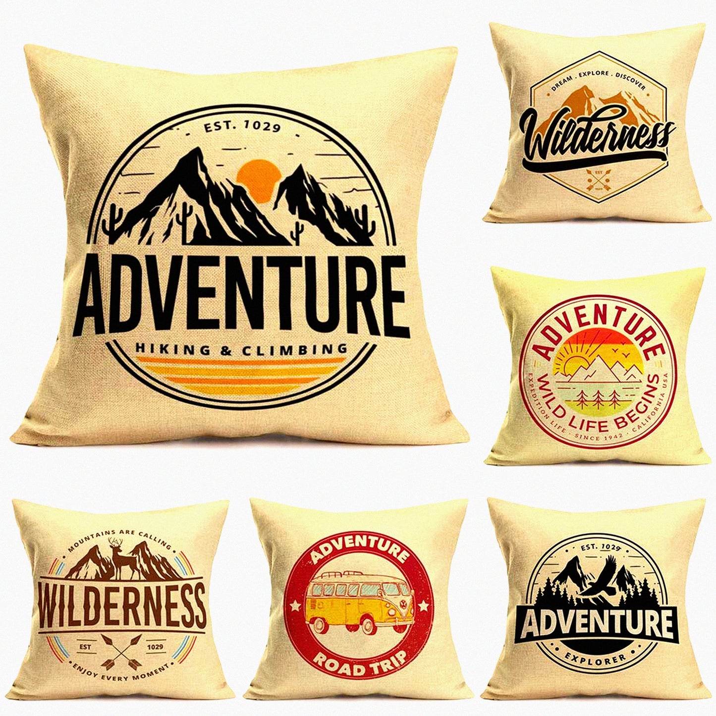 Wilderness Adventure Mountain Pillow Covers - Set of 6 Vintage Forest Camping Decorative Cushion Cases - Outdoor Cotton Linen Square 18x18 Inch