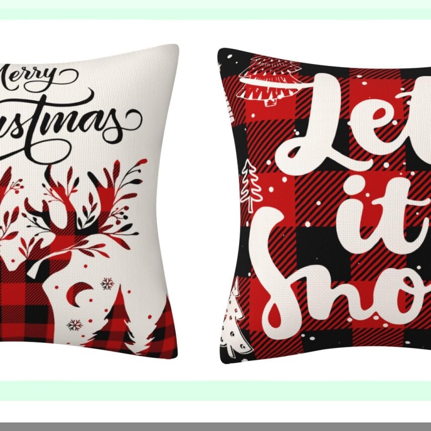 Winter Wonderland Plaid Pillow Covers - Set of 2 Red Checkered Pillowcases with Deer Design - Let It Snow Holiday Home Decor for Sofa Couch - 18x18 Inches