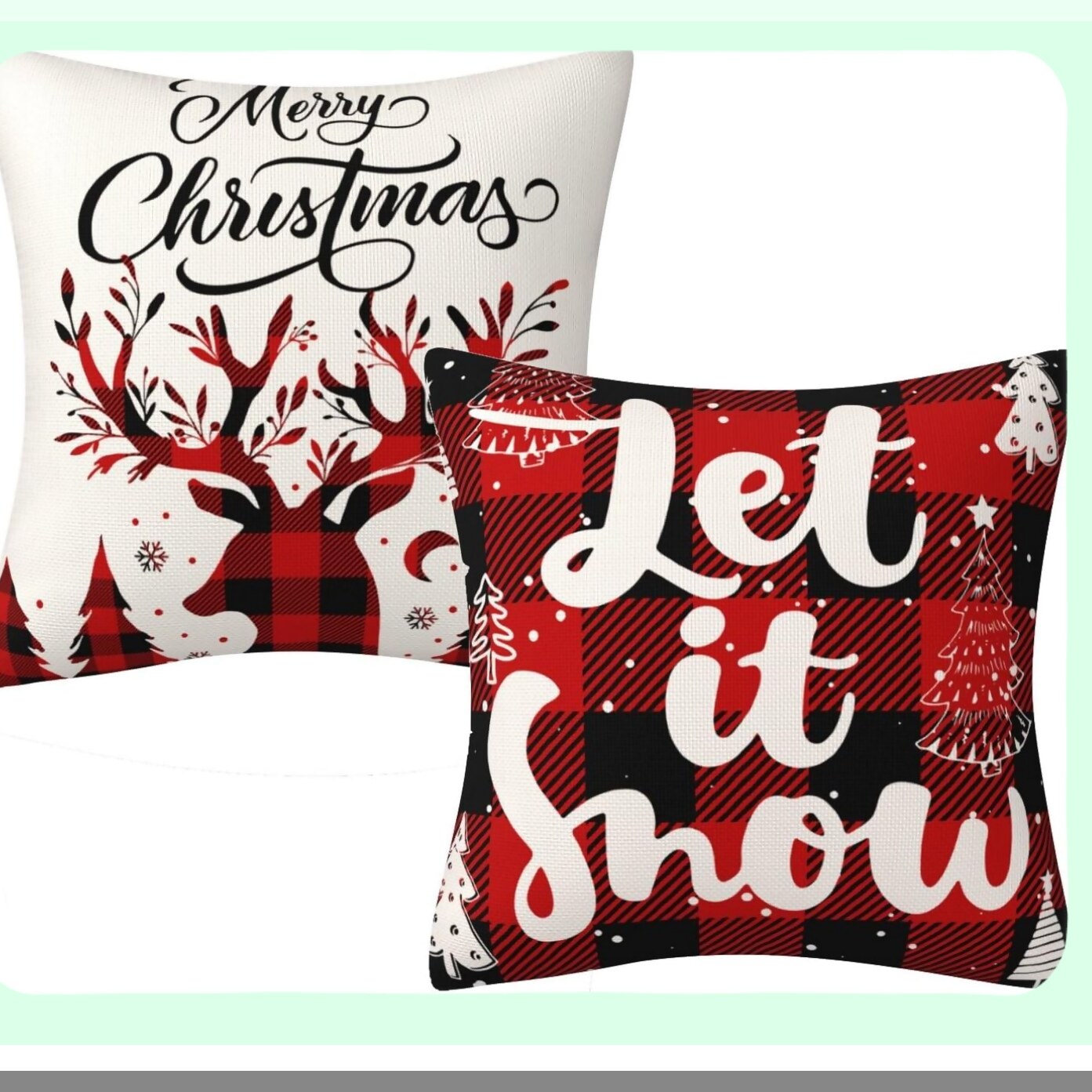 Winter Wonderland Plaid Pillow Covers - Set of 2 Red Checkered Pillowcases with Deer Design - Let It Snow Holiday Home Decor for Sofa Couch - 18x18 Inches