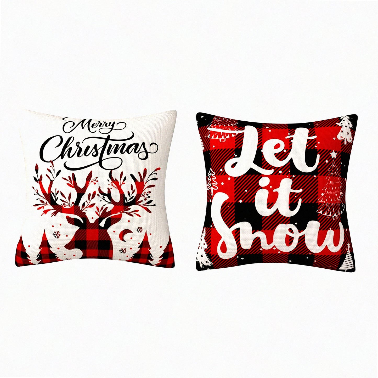 Winter Wonderland Plaid Pillow Covers - Set of 2 Red Checkered Pillowcases with Deer Design - Let It Snow Holiday Home Decor for Sofa Couch - 18x18 Inches