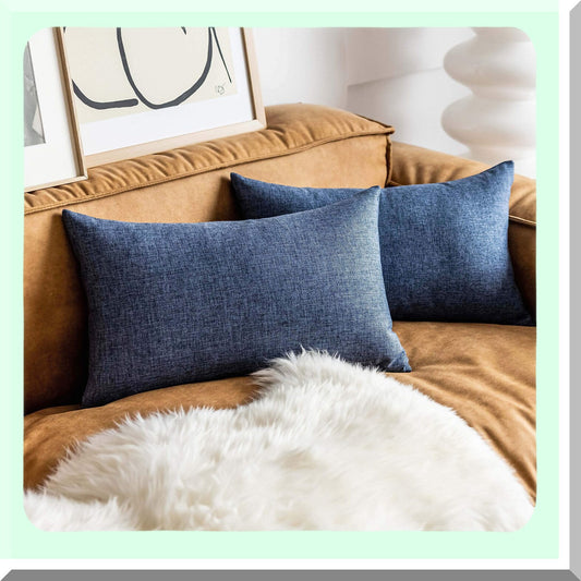 Navy Blue Linen Lumbar Pillow Covers - Set of 2 Decorative Throw Pillows for Couch Bed Chair - Solid Rectangle Cushion Covers 12x20 inch