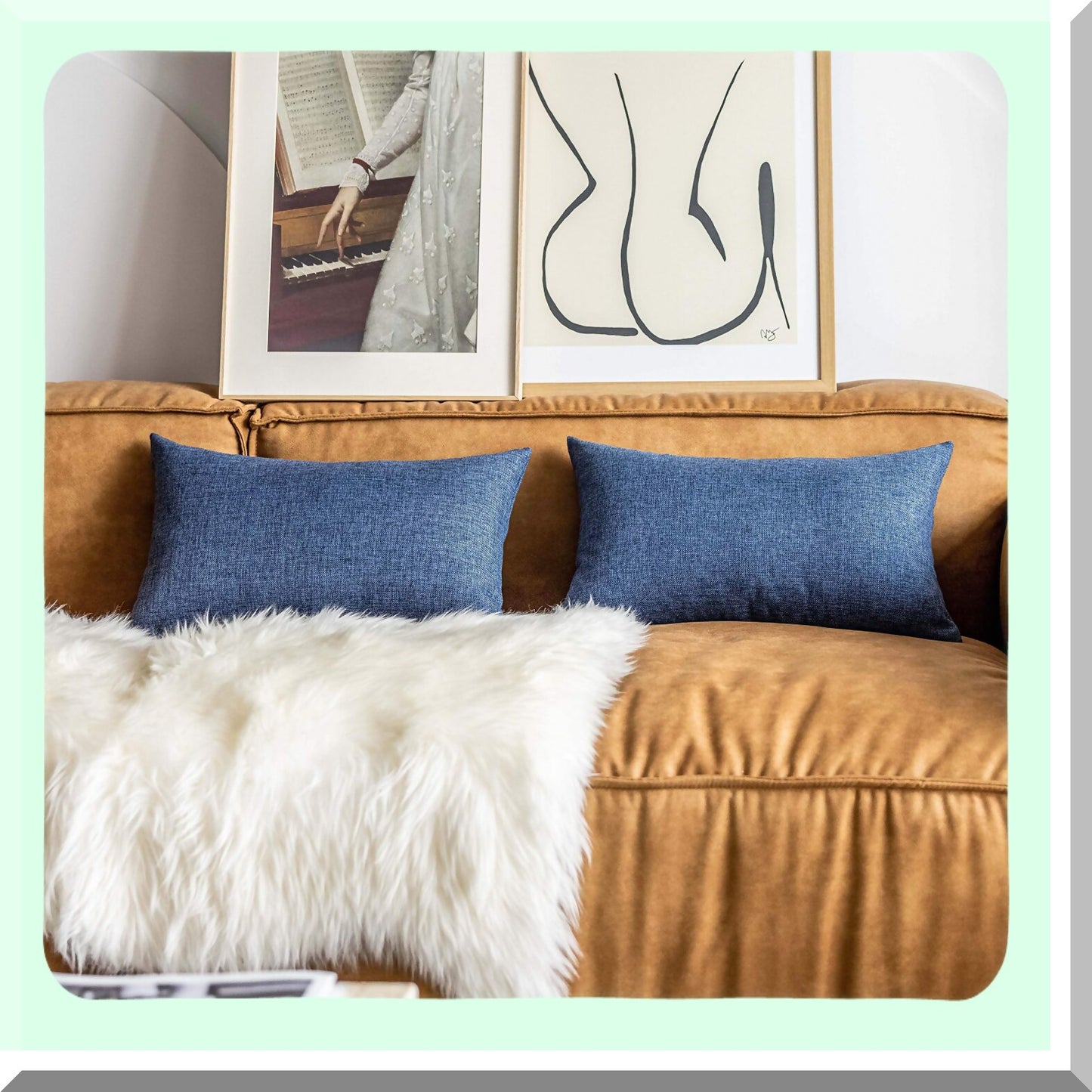 Navy Blue Linen Lumbar Pillow Covers - Set of 2 Decorative Throw Pillows for Couch Bed Chair - Solid Rectangle Cushion Covers 12x20 inch