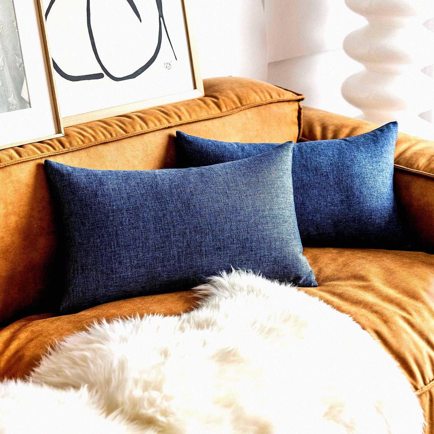 Navy Blue Linen Lumbar Pillow Covers - Set of 2 Decorative Throw Pillows for Couch Bed Chair - Solid Rectangle Cushion Covers 12x20 inch