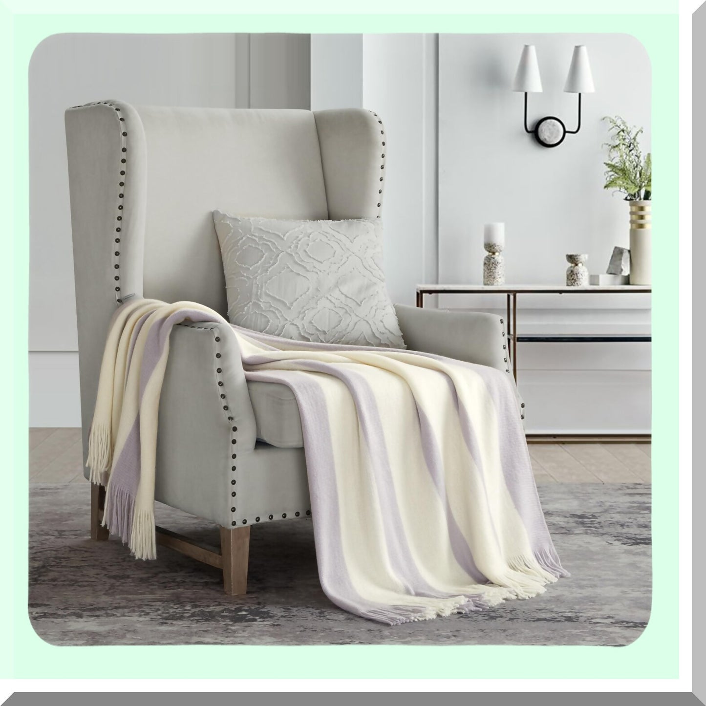 Lavender Luxe Plush Cashmere Throw - Super Soft Two Tone Striped Design with Tel Fringe, 50x60