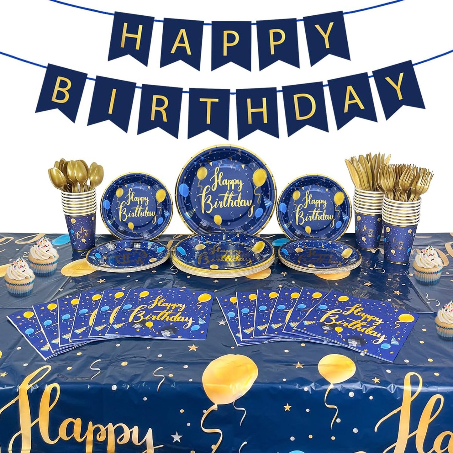 Navy Blue Starry Birthday Party Pack - Complete Tableware Set with Gold Stamped Plates, Cups, Napkins, Utensils, and Banner for 24 Guests - Happy Birthday Theme