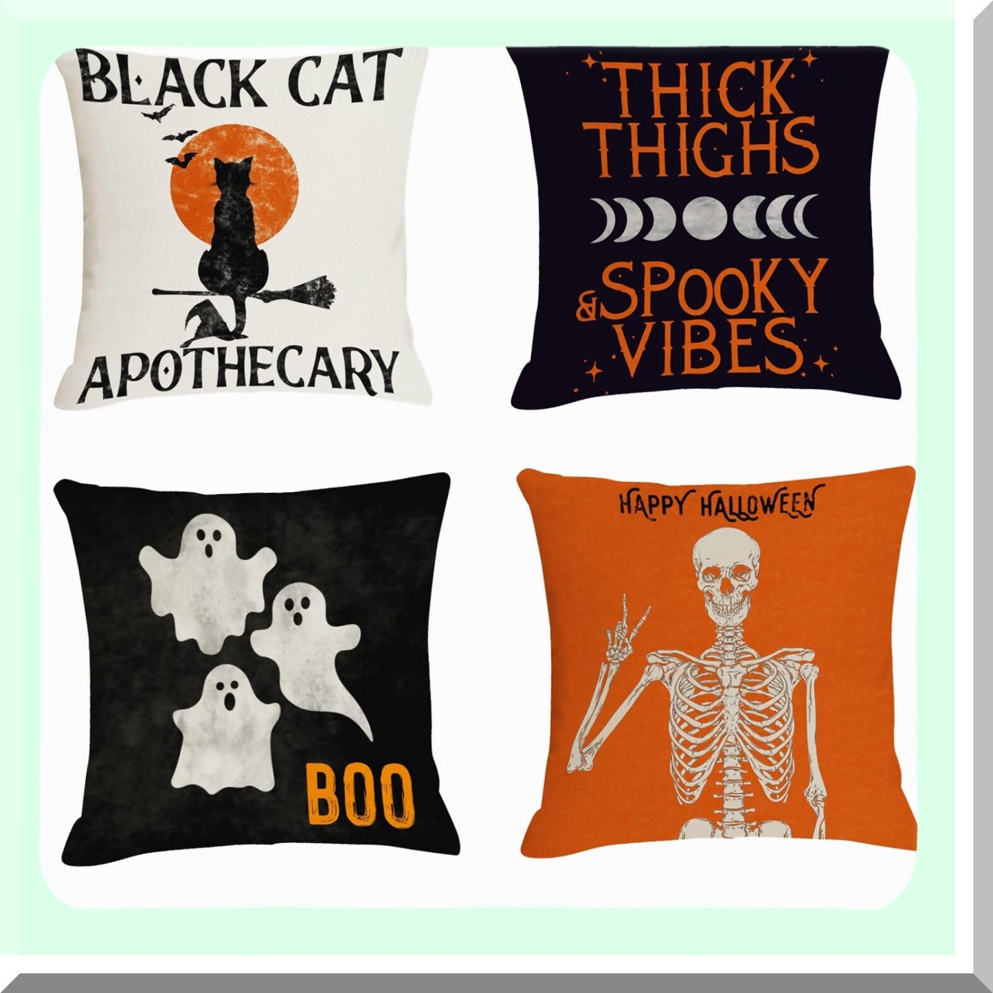 Spooky Moon Phase Celestial Outdoor Fall Throw Pillow Covers - Set of 4 - Cat Skeleton Ghost Design - 18x18 Linen Couch Decorations
