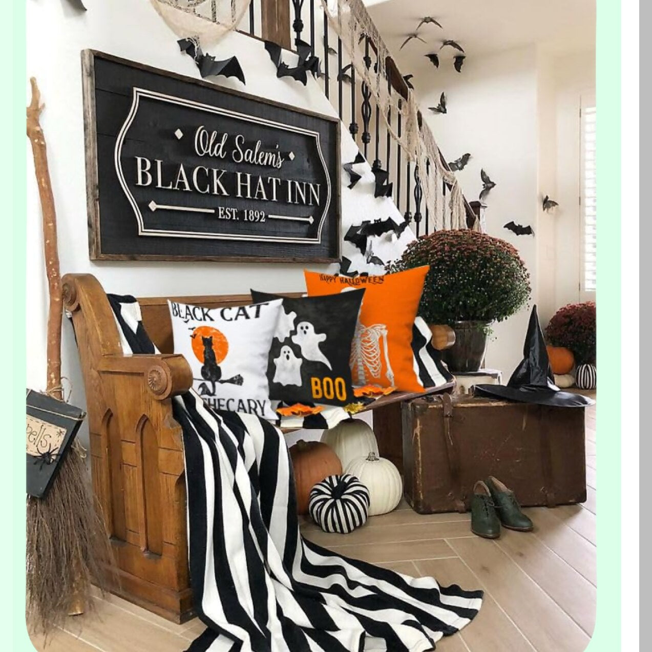 Spooky Moon Phase Celestial Outdoor Fall Throw Pillow Covers - Set of 4 - Cat Skeleton Ghost Design - 18x18 Linen Couch Decorations