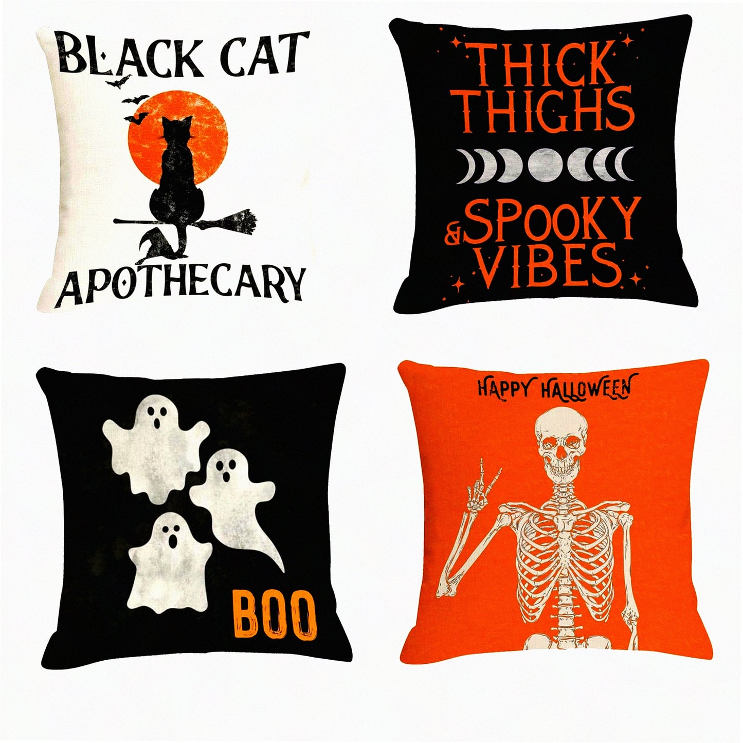 Spooky Moon Phase Celestial Outdoor Fall Throw Pillow Covers - Set of 4 - Cat Skeleton Ghost Design - 18x18 Linen Couch Decorations