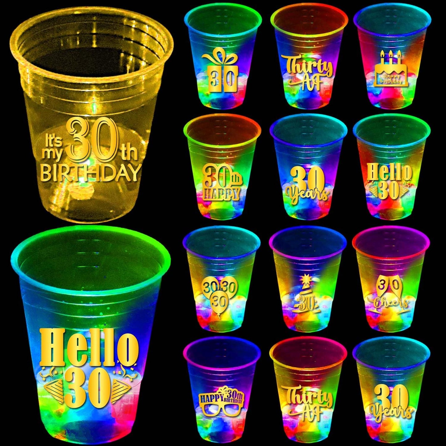 Glow 30th Birthday Party Pack - 24 Pcs Decorations & Cups for Women/Men Birthday Celebration - Fun & Festive Party Supplies for 30th Birthday Bash