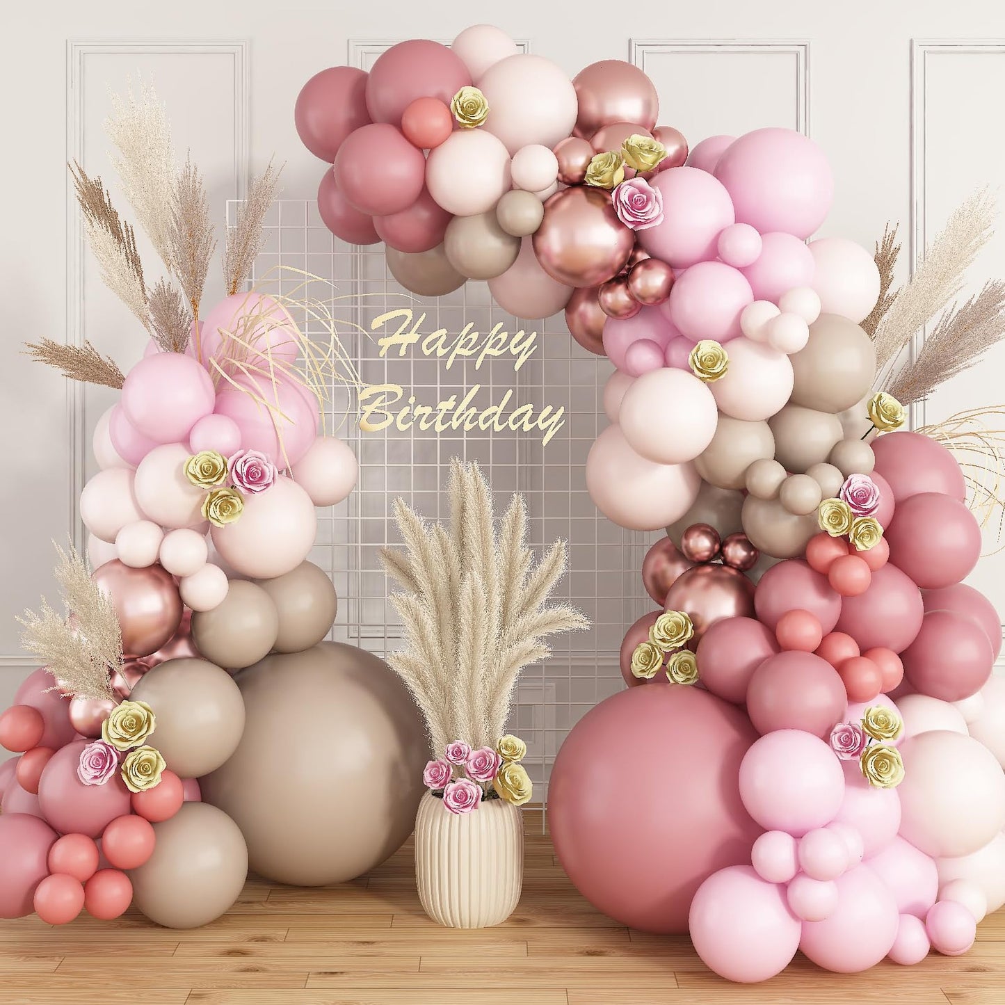Blush Pink Balloon Bouquet - Dusty Beige Arch with Metallic Rose Gold Accents - Boho Chic Party Decor Kit for Girls' Birthday, Baby Shower, Wedding
