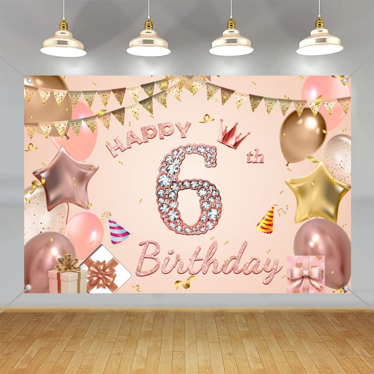 Rose Pink Happy 6th Birthday Fabric Banner - Girl Party Decorations Backdrop - 6 Years Old Photo Background - 59"x35.4" Sign Poster - Birthday Party Supplies