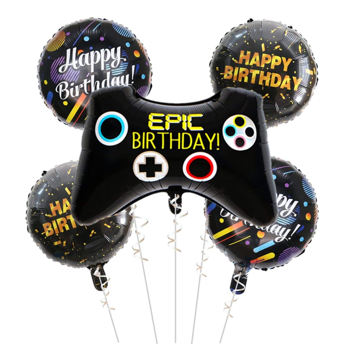 Game On Party Balloons - Set of 5 Black Aluminum Membrane Balloons for Boys' Video Game Themed Birthday Background Decoration. Let's Play!