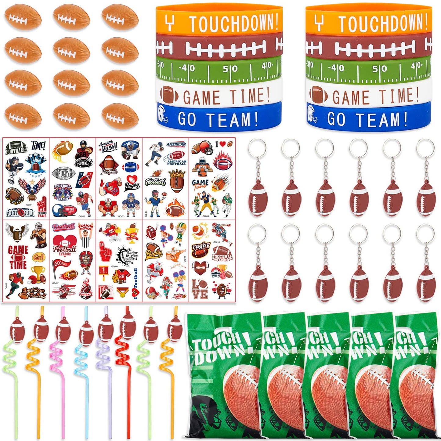 Football Fun Pack - 70-Piece Football Party Favors Set for Boys! Includes Gift Bags, Keychains, Bracelets, Straws, and Mini Stress Balls. Perfect for Football Theme and Birthday Parties!