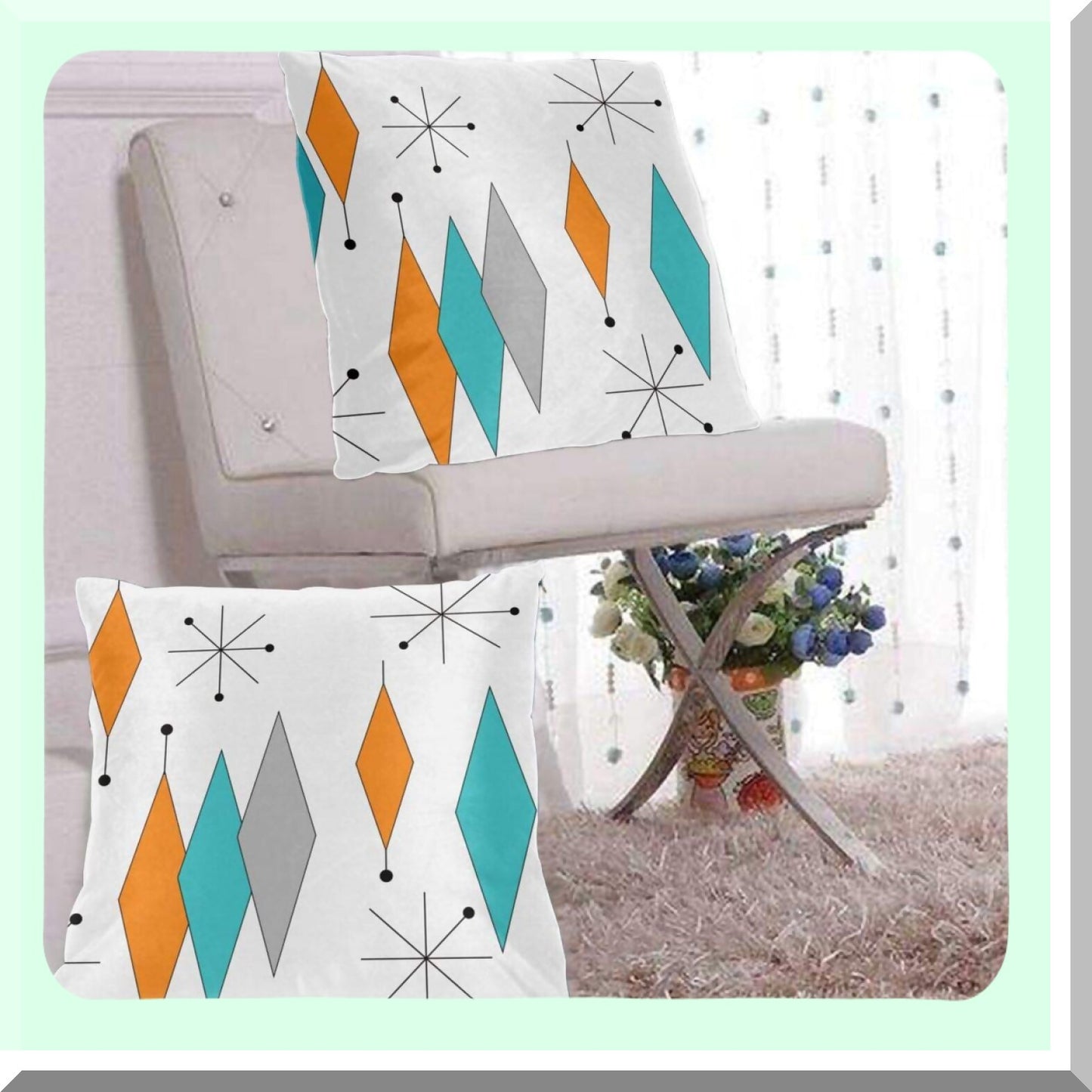 Retro Stars Turquoise Orange Diamond Pillow Covers - Set of 2 Mid Century Throw Pillow Covers - Modern Decorative Pillowcases for Sofa Bed Couch Chair 18 x 18