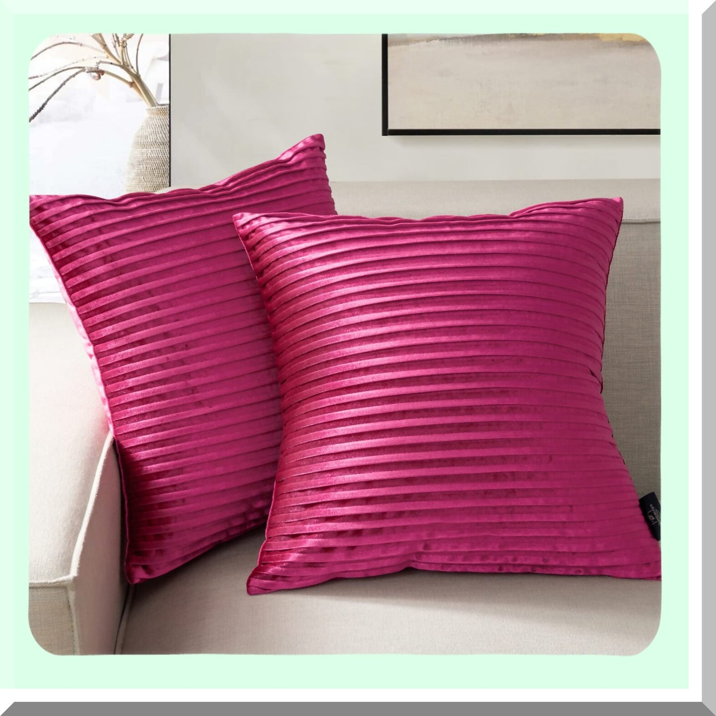 Hot Pink Velvet Pleated Throw Pillow Covers - Set of 2 | Soft Square Cushion Cases for Couch, Bed, Chair | Decorative Home Decor - 20 x 20 inches